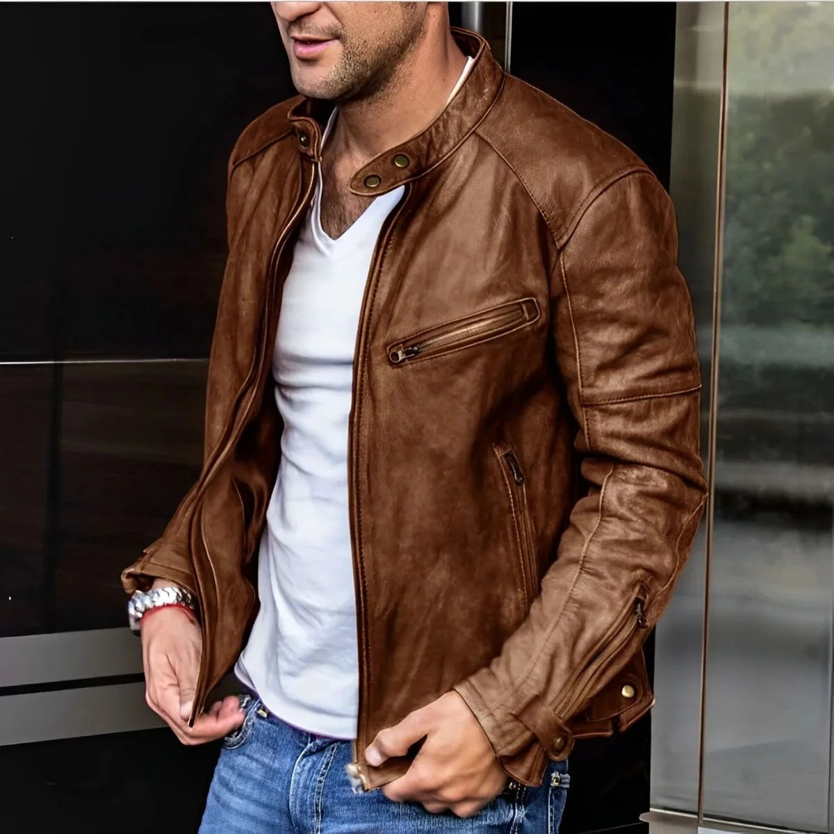 The Malmesbury Veste de motard classique en cuir pour homme