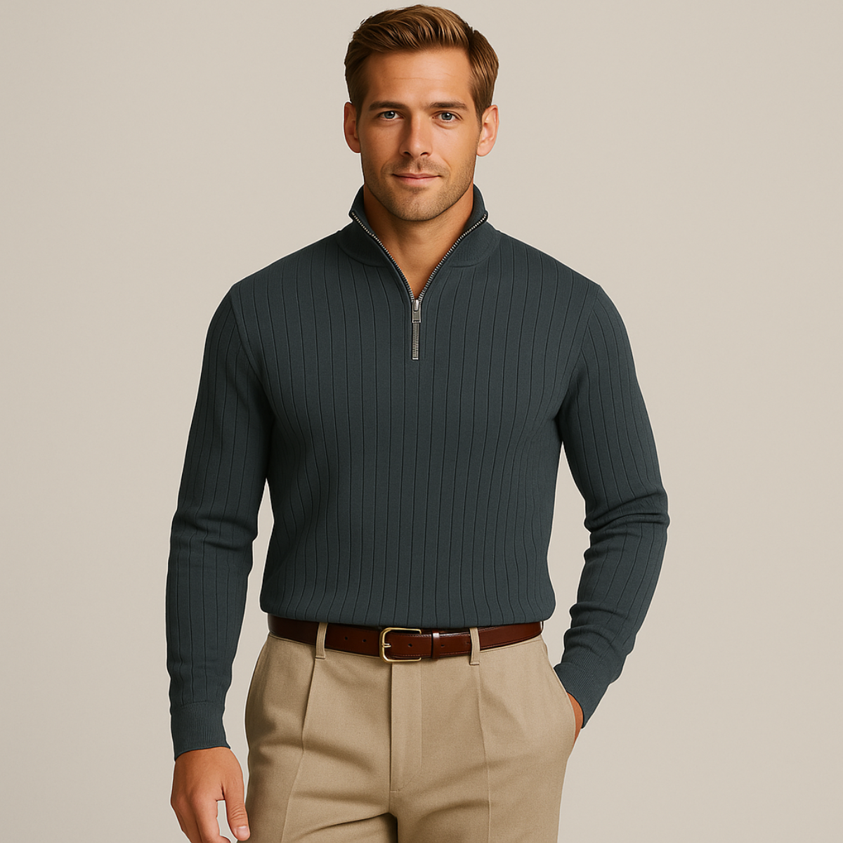 The Ashford – Pull Demi Zip Homme Côtelé Laine Mélangée Confort
