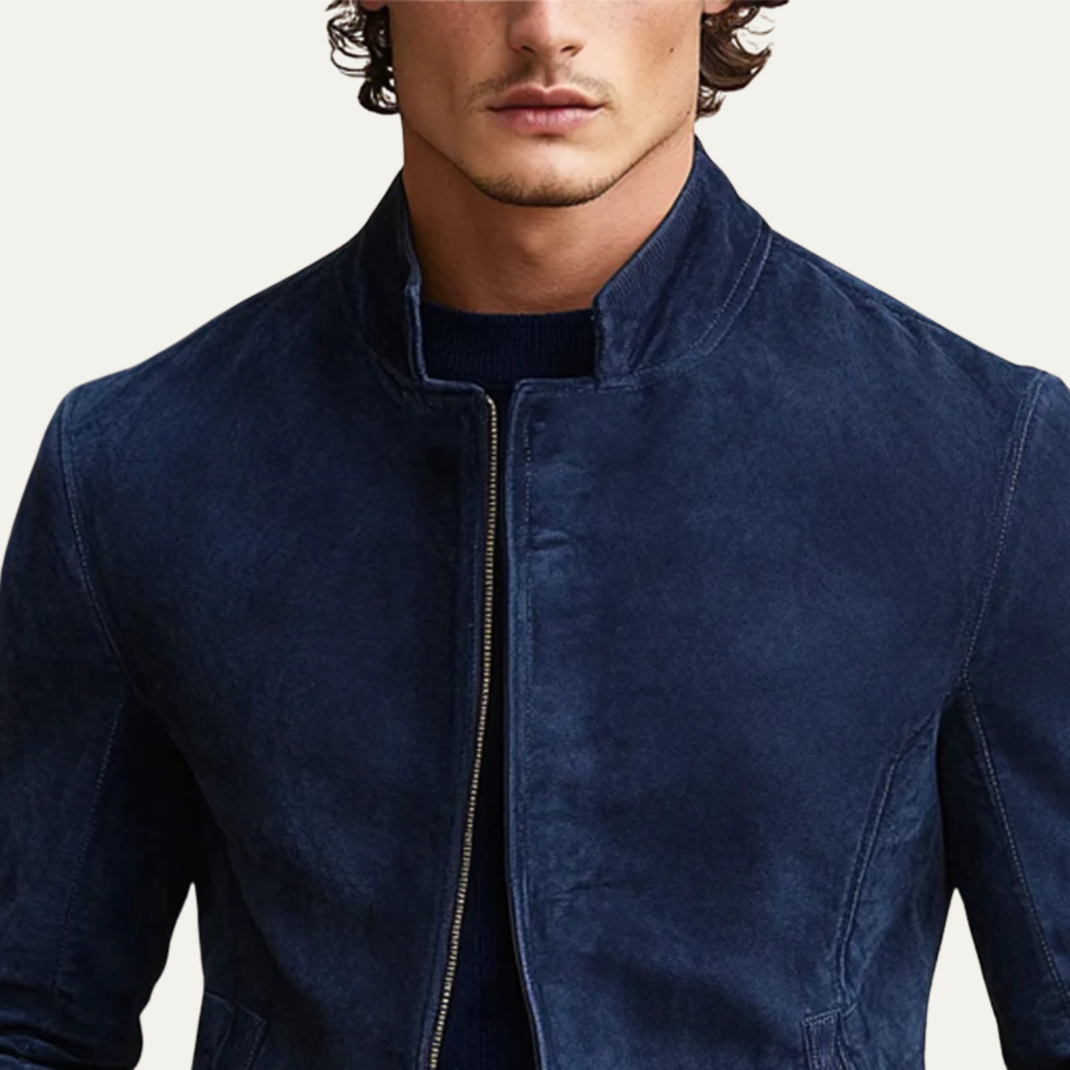 The Ritz Veste en daim bleu marine pour homme – Blouson bomber de luxe à coupe ajustée avec col montant