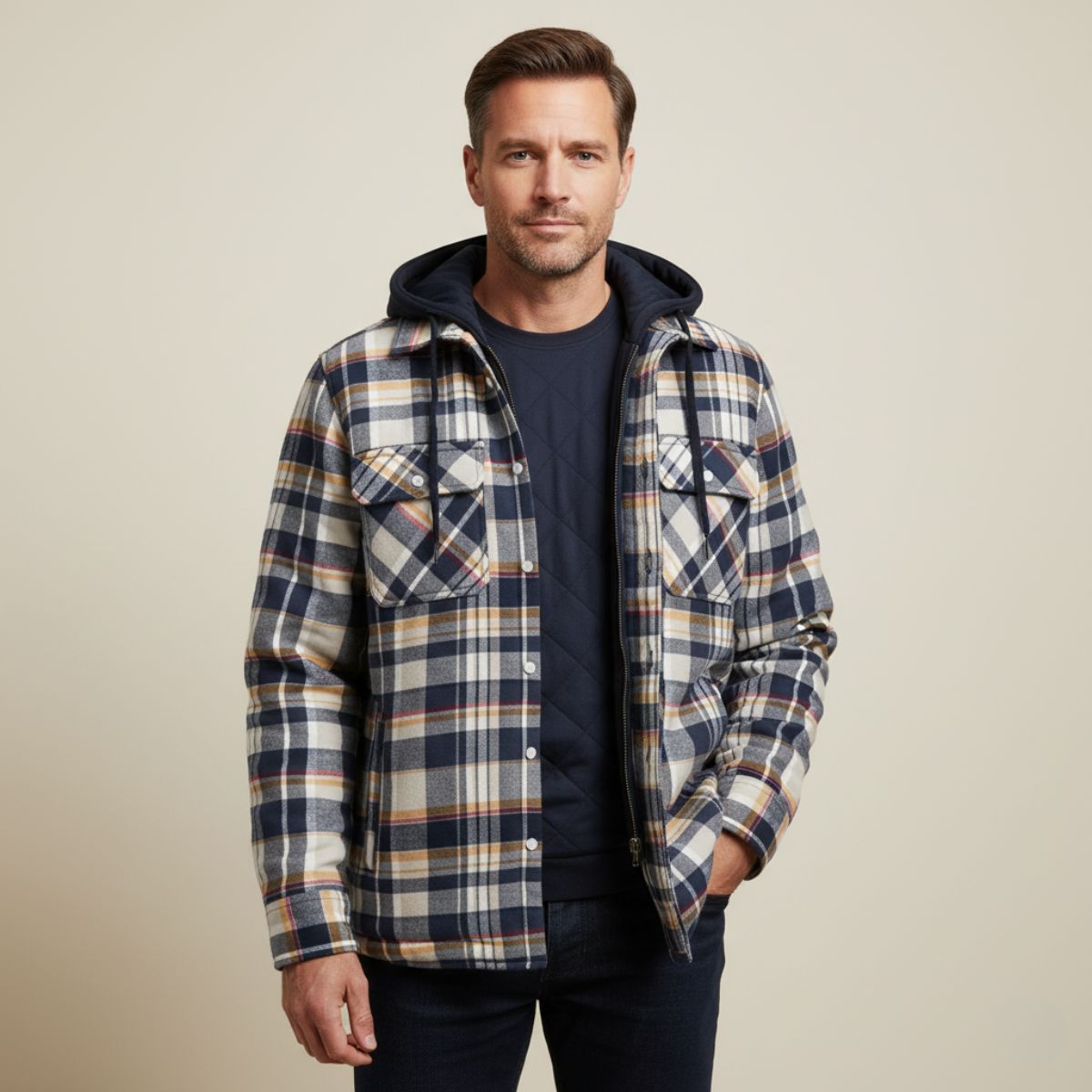 The Cinque Terre Veste d'hiver décontractée à carreaux avec doublure en polaire et capuche pour homme