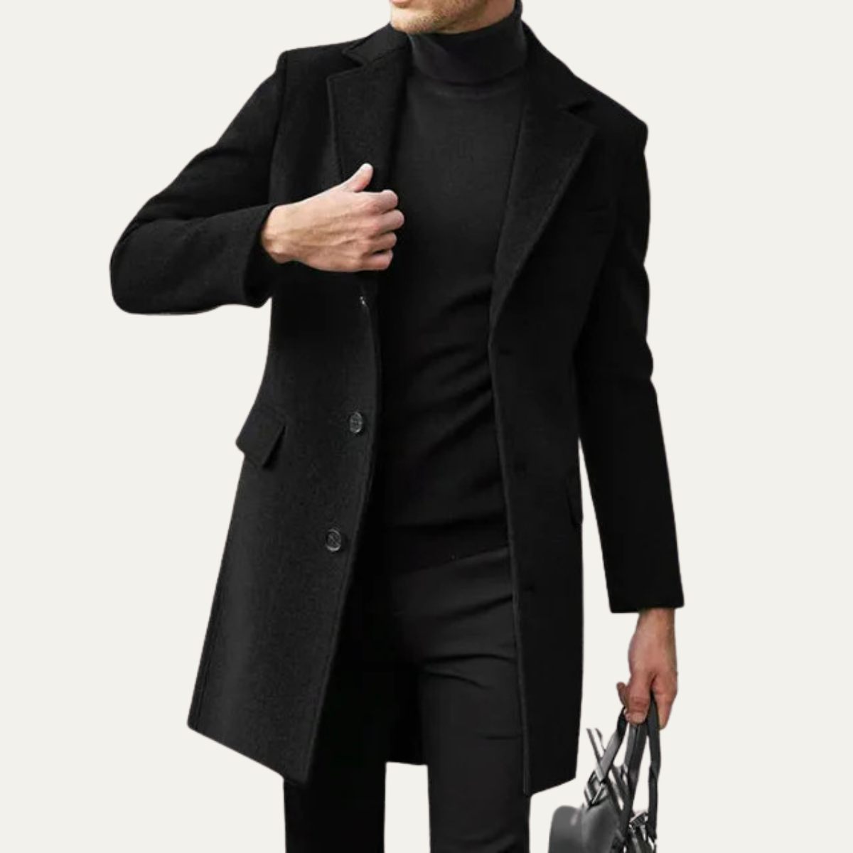 The Pembroke Manteau noir minimaliste à simple boutonnage en laine, coupe ajustée pour homme