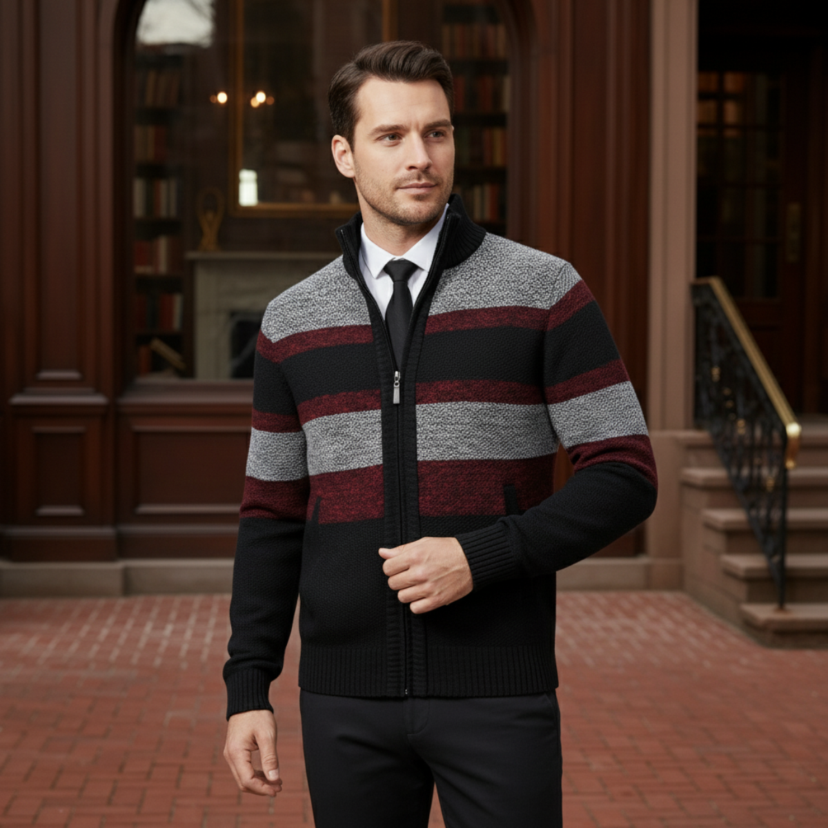 The Desenzano – Cardigan Tricotée Zippée à Rayures Homme