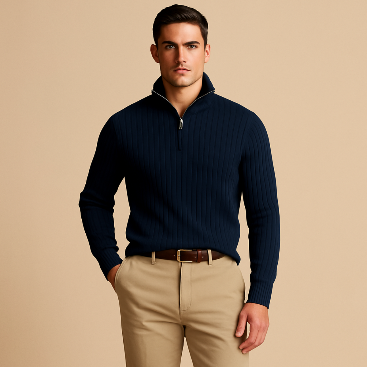 The Ashford – Pull Demi Zip Homme Côtelé Laine Mélangée Confort