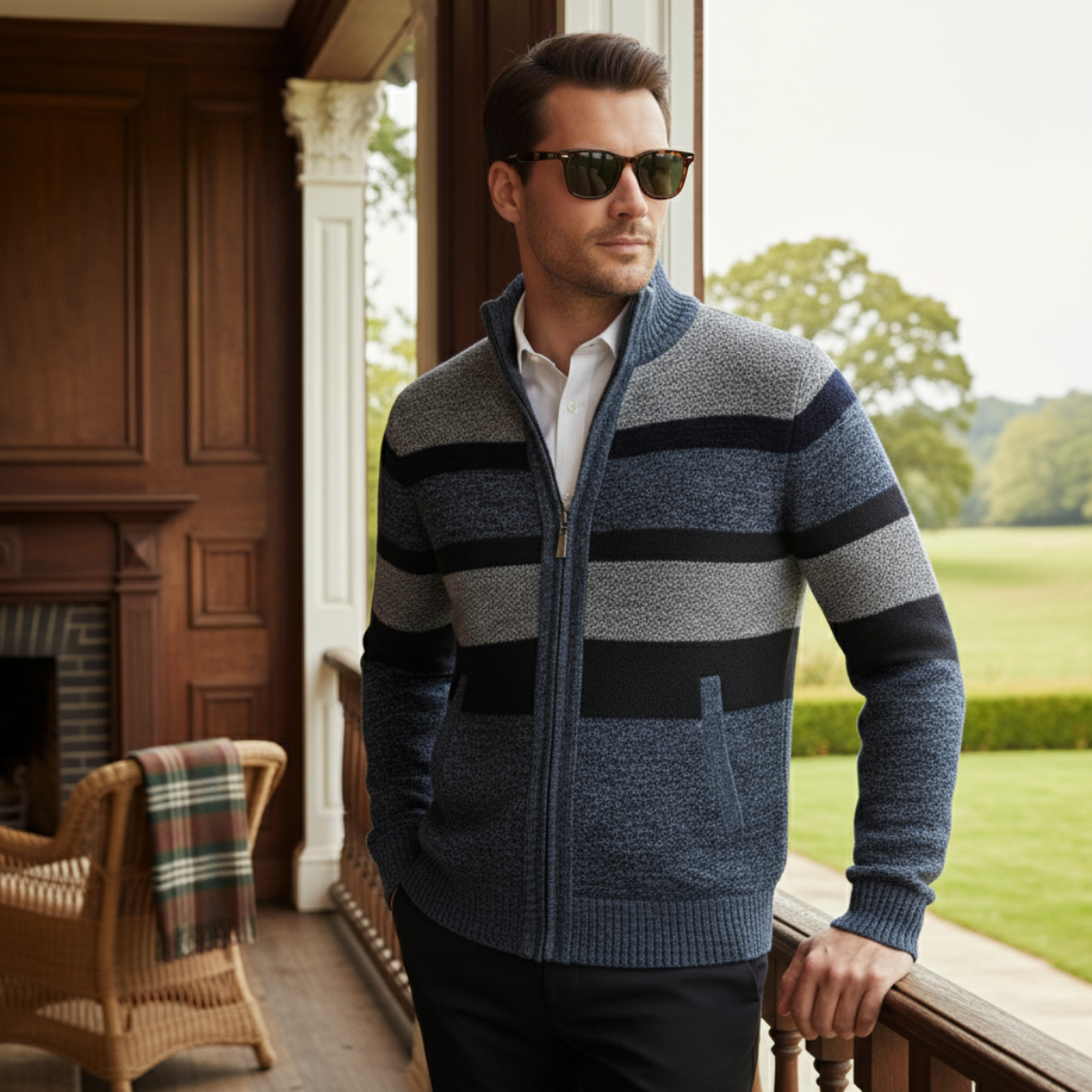 The Desenzano – Cardigan Tricotée Zippée à Rayures Homme