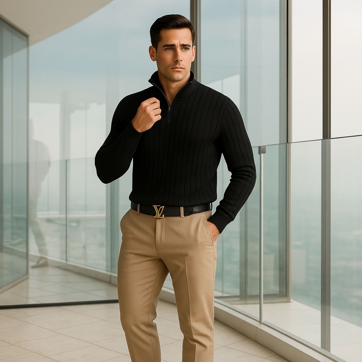 The Ashford – Pull Demi Zip Homme Côtelé Laine Mélangée Confort
