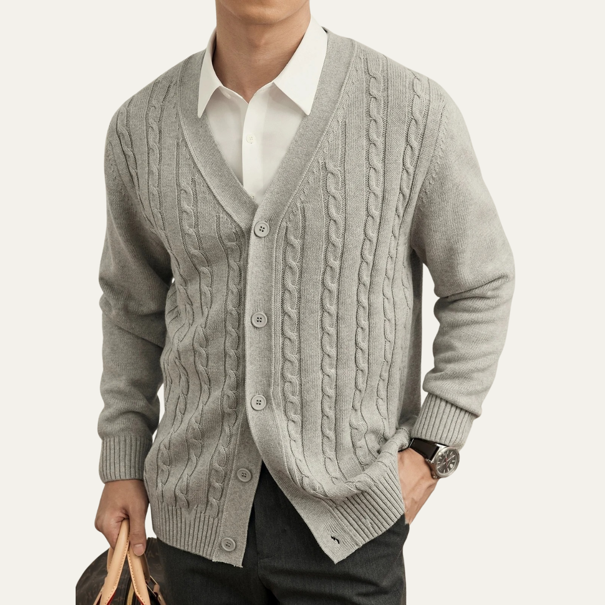 The Heathmoor – Cardigan Homme Cachemire Maille Câble Col V