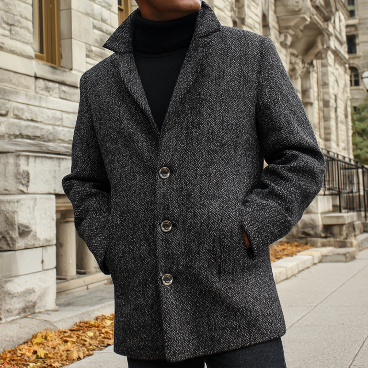 The Mayfair Manteau en laine à chevrons de luxe pour homme – Gris