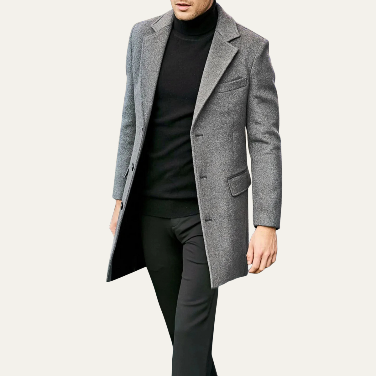 The Pembroke Manteau noir minimaliste à simple boutonnage en laine, coupe ajustée pour homme