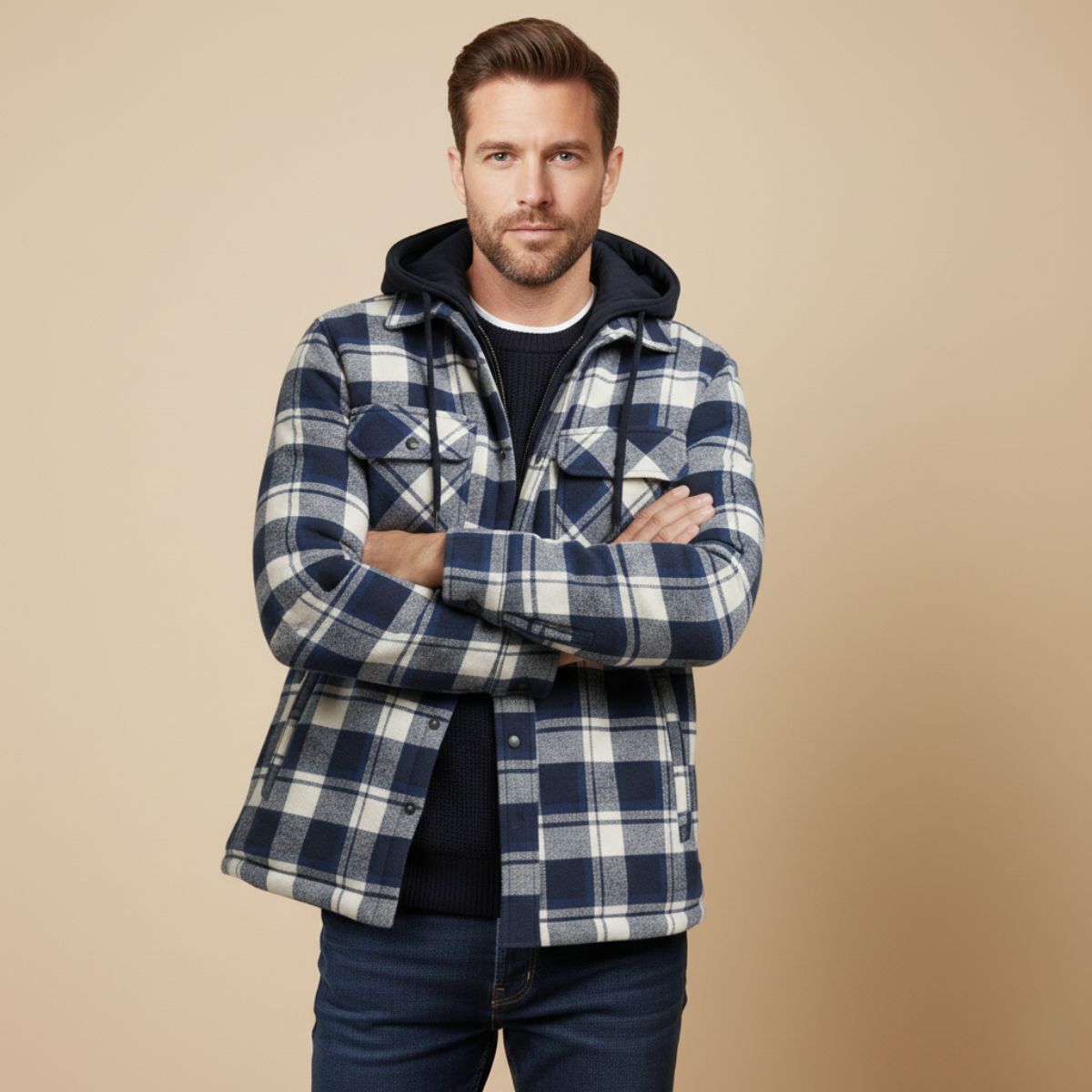 The Cinque Terre Veste d'hiver décontractée à carreaux avec doublure en polaire et capuche pour homme