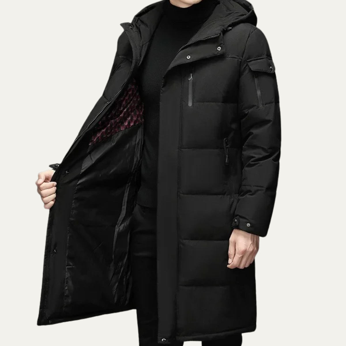 The Woking Manteau matelassé long thermique noir pour homme avec capuche