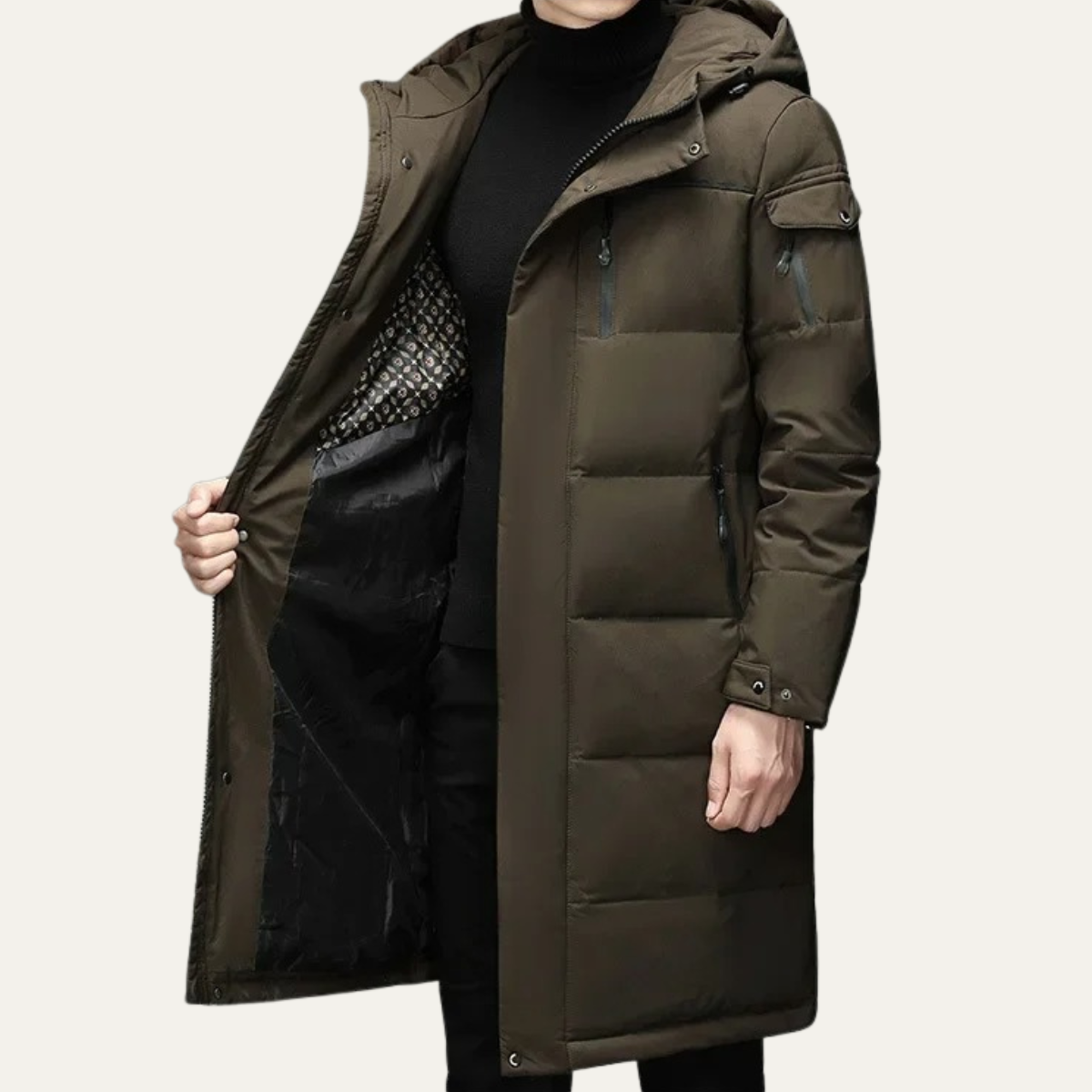 The Woking Manteau matelassé long thermique noir pour homme avec capuche